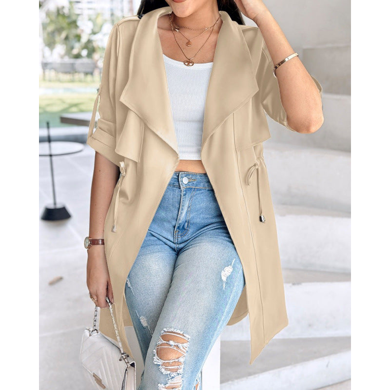 Gabardina holgada de color liso con cintura ajustada y mangas enrolladas de longitud media para mujer