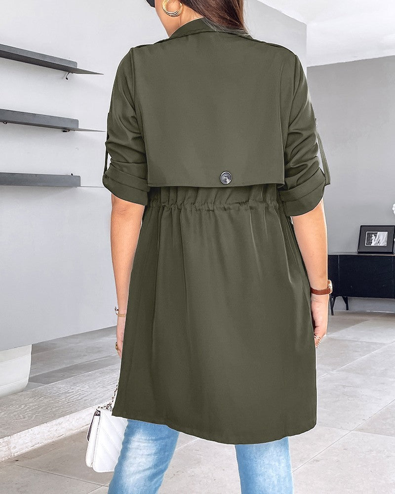 Gabardina holgada de color liso con cintura ajustada y mangas enrolladas de longitud media para mujer