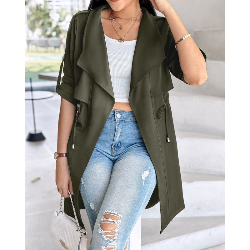 Gabardina holgada de color liso con cintura ajustada y mangas enrolladas de longitud media para mujer