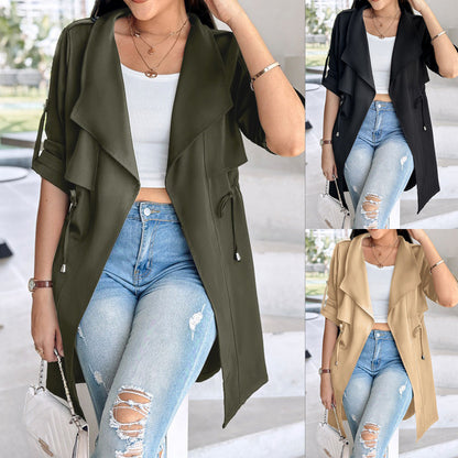 Gabardina holgada de color liso con cintura ajustada y mangas enrolladas de longitud media para mujer