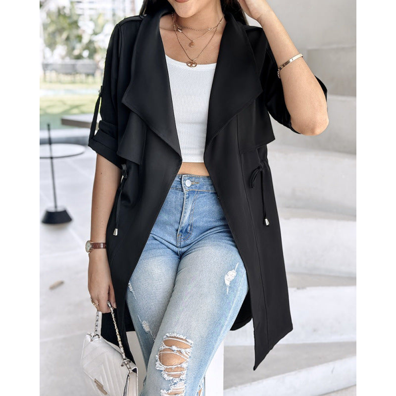 Gabardina holgada de color liso con cintura ajustada y mangas enrolladas de longitud media para mujer